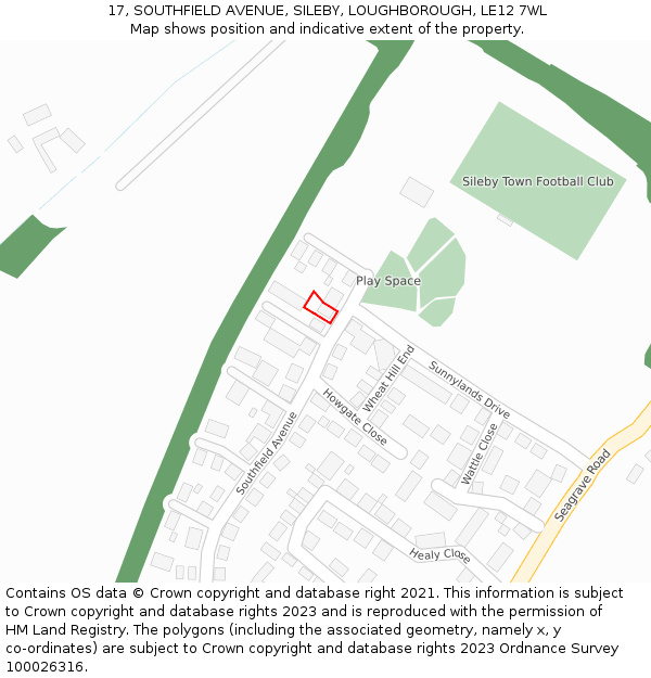 17, SOUTHFIELD AVENUE, SILEBY, LOUGHBOROUGH, LE12 7WL: Location map and indicative extent of plot