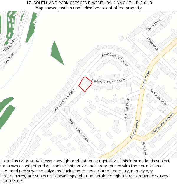 17, SOUTHLAND PARK CRESCENT, WEMBURY, PLYMOUTH, PL9 0HB: Location map and indicative extent of plot