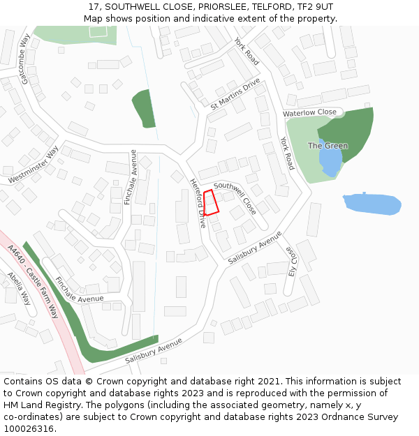 17, SOUTHWELL CLOSE, PRIORSLEE, TELFORD, TF2 9UT: Location map and indicative extent of plot