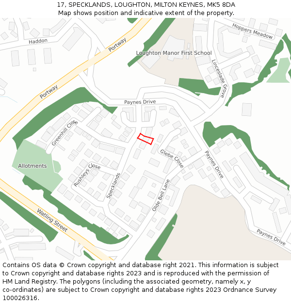 17, SPECKLANDS, LOUGHTON, MILTON KEYNES, MK5 8DA: Location map and indicative extent of plot