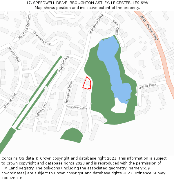 17, SPEEDWELL DRIVE, BROUGHTON ASTLEY, LEICESTER, LE9 6YW: Location map and indicative extent of plot