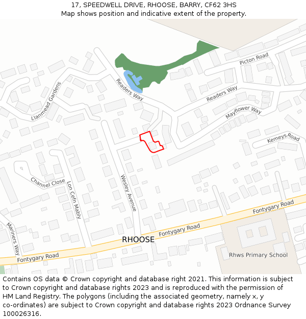 17, SPEEDWELL DRIVE, RHOOSE, BARRY, CF62 3HS: Location map and indicative extent of plot