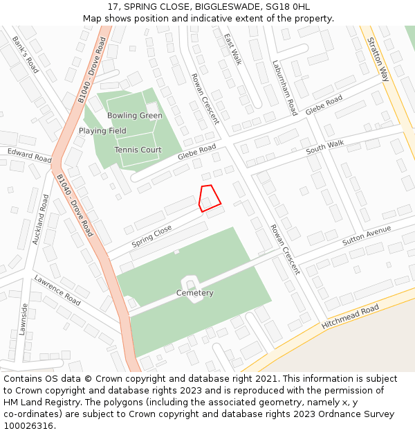 17, SPRING CLOSE, BIGGLESWADE, SG18 0HL: Location map and indicative extent of plot