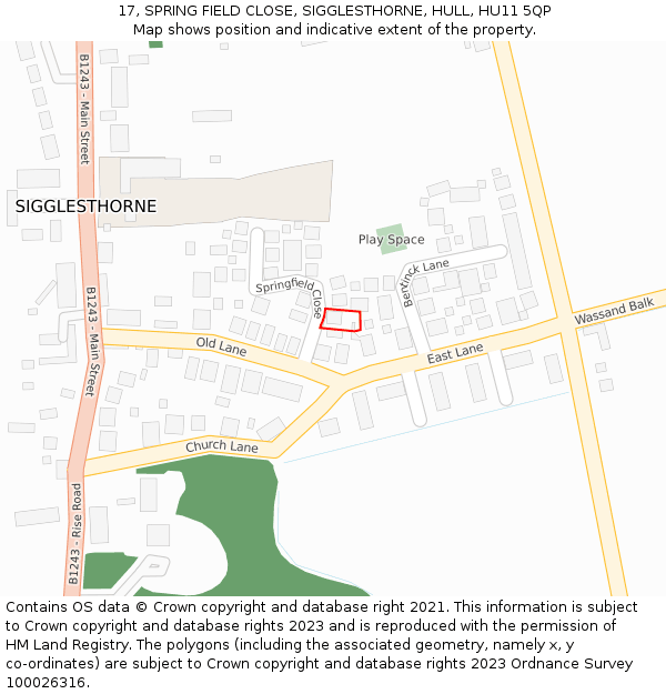 17, SPRING FIELD CLOSE, SIGGLESTHORNE, HULL, HU11 5QP: Location map and indicative extent of plot