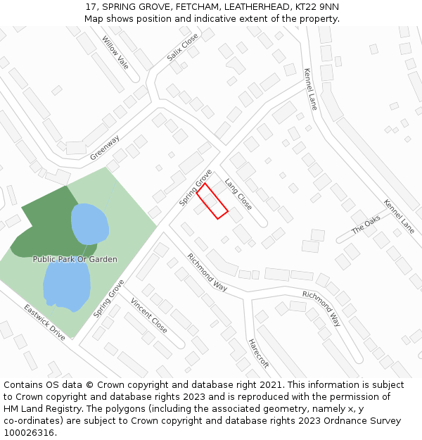 17, SPRING GROVE, FETCHAM, LEATHERHEAD, KT22 9NN: Location map and indicative extent of plot