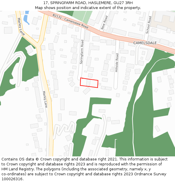 17, SPRINGFARM ROAD, HASLEMERE, GU27 3RH: Location map and indicative extent of plot