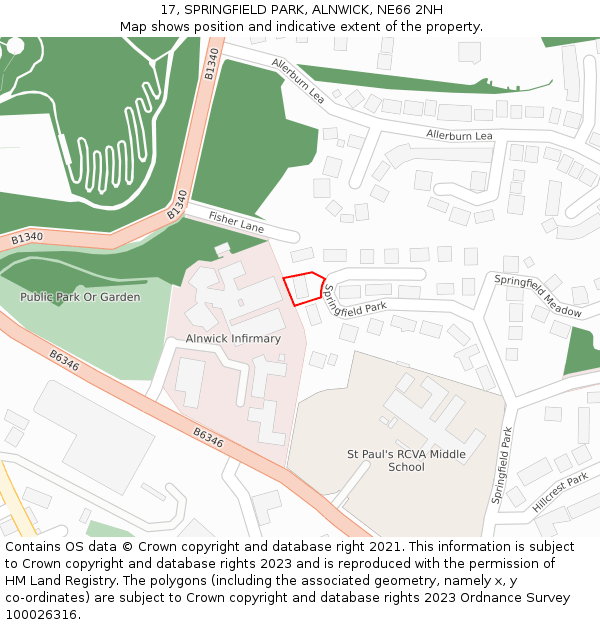 17, SPRINGFIELD PARK, ALNWICK, NE66 2NH: Location map and indicative extent of plot