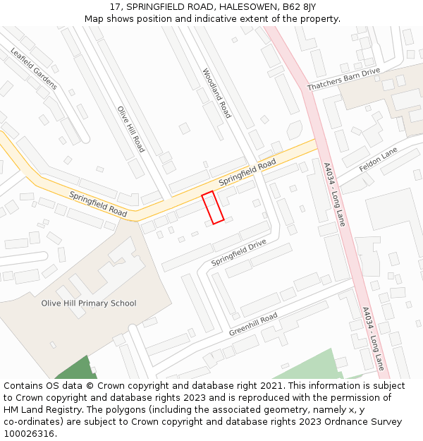 17, SPRINGFIELD ROAD, HALESOWEN, B62 8JY: Location map and indicative extent of plot