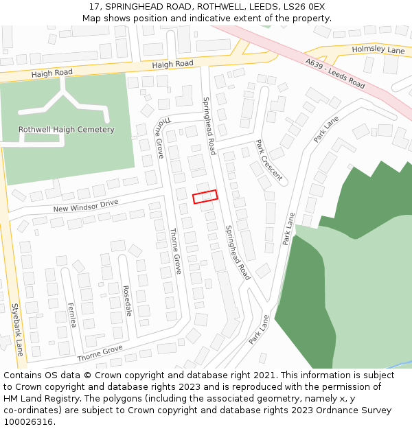17, SPRINGHEAD ROAD, ROTHWELL, LEEDS, LS26 0EX: Location map and indicative extent of plot