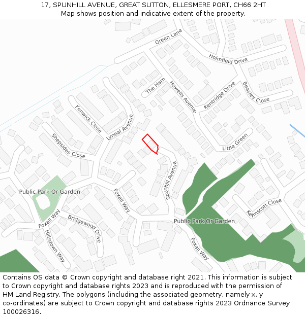 17, SPUNHILL AVENUE, GREAT SUTTON, ELLESMERE PORT, CH66 2HT: Location map and indicative extent of plot