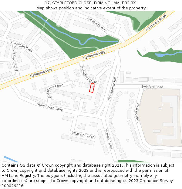 17, STABLEFORD CLOSE, BIRMINGHAM, B32 3XL: Location map and indicative extent of plot