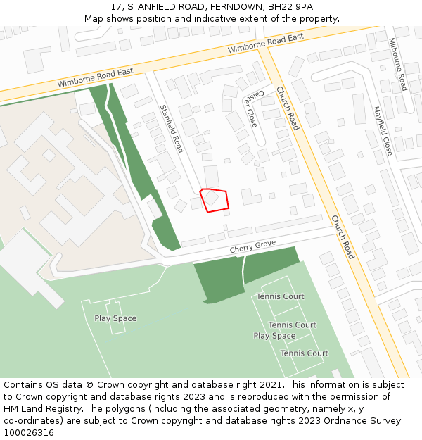 17, STANFIELD ROAD, FERNDOWN, BH22 9PA: Location map and indicative extent of plot