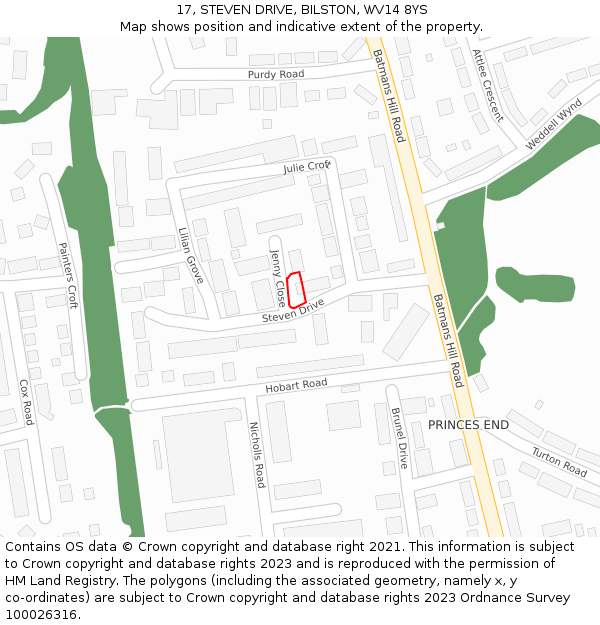 17, STEVEN DRIVE, BILSTON, WV14 8YS: Location map and indicative extent of plot