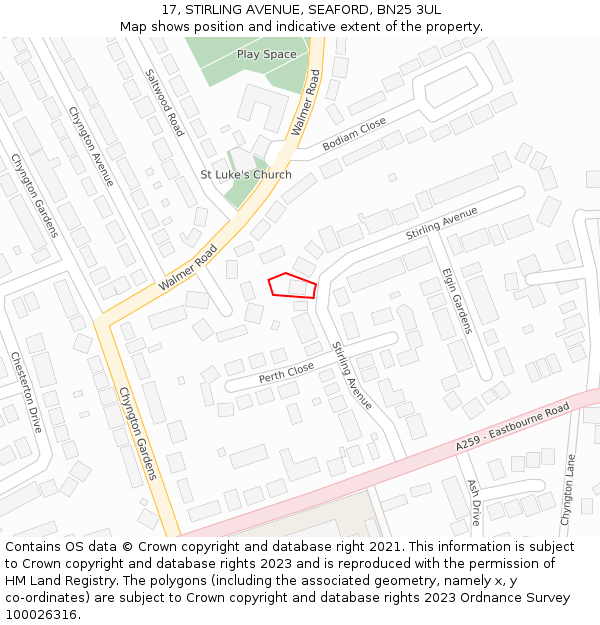 17, STIRLING AVENUE, SEAFORD, BN25 3UL: Location map and indicative extent of plot