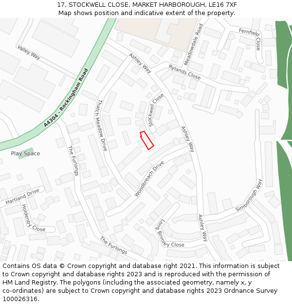 17, STOCKWELL CLOSE, MARKET HARBOROUGH, LE16 7XF: Location map and indicative extent of plot