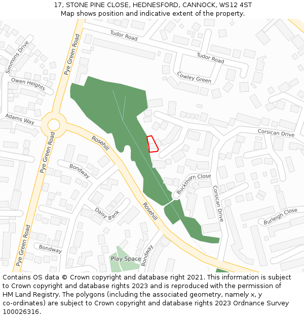 17, STONE PINE CLOSE, HEDNESFORD, CANNOCK, WS12 4ST: Location map and indicative extent of plot