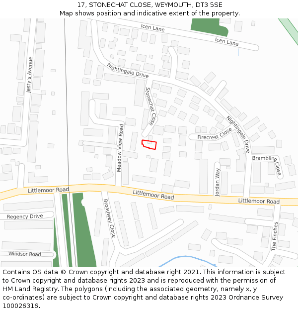 17, STONECHAT CLOSE, WEYMOUTH, DT3 5SE: Location map and indicative extent of plot