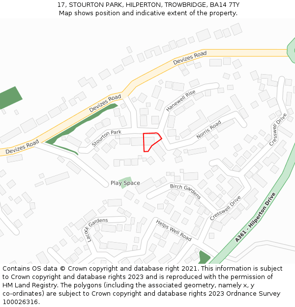 17, STOURTON PARK, HILPERTON, TROWBRIDGE, BA14 7TY: Location map and indicative extent of plot