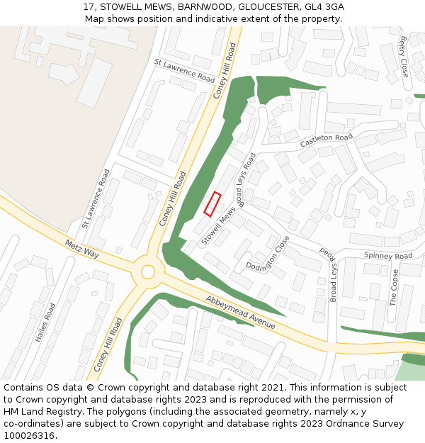 17, STOWELL MEWS, BARNWOOD, GLOUCESTER, GL4 3GA: Location map and indicative extent of plot