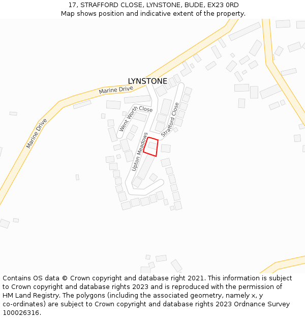 17, STRAFFORD CLOSE, LYNSTONE, BUDE, EX23 0RD: Location map and indicative extent of plot