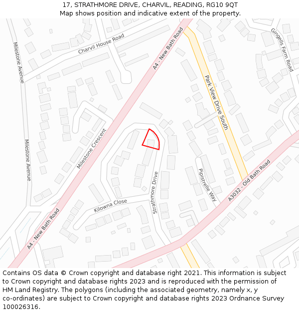 17, STRATHMORE DRIVE, CHARVIL, READING, RG10 9QT: Location map and indicative extent of plot