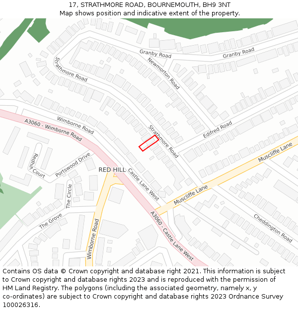 17, STRATHMORE ROAD, BOURNEMOUTH, BH9 3NT: Location map and indicative extent of plot