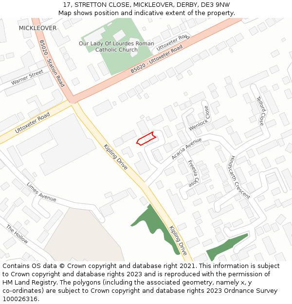 17, STRETTON CLOSE, MICKLEOVER, DERBY, DE3 9NW: Location map and indicative extent of plot