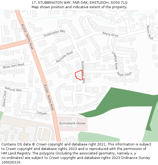 17, STUBBINGTON WAY, FAIR OAK, EASTLEIGH, SO50 7LQ: Location map and indicative extent of plot