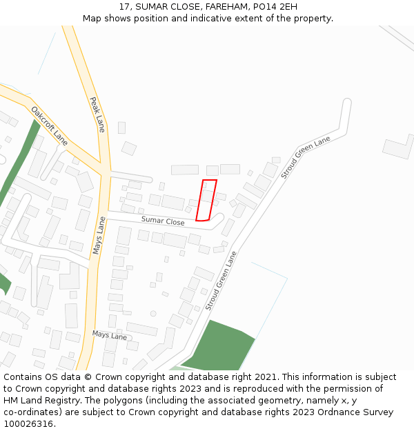 17, SUMAR CLOSE, FAREHAM, PO14 2EH: Location map and indicative extent of plot