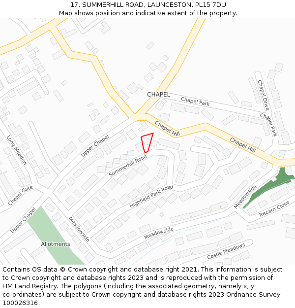 17, SUMMERHILL ROAD, LAUNCESTON, PL15 7DU: Location map and indicative extent of plot