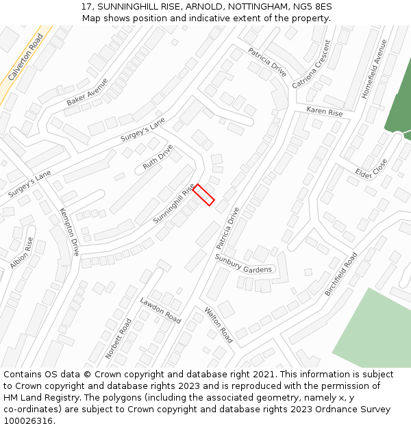 17, SUNNINGHILL RISE, ARNOLD, NOTTINGHAM, NG5 8ES: Location map and indicative extent of plot