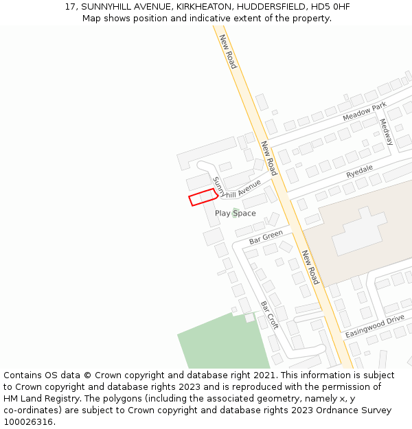 17, SUNNYHILL AVENUE, KIRKHEATON, HUDDERSFIELD, HD5 0HF: Location map and indicative extent of plot