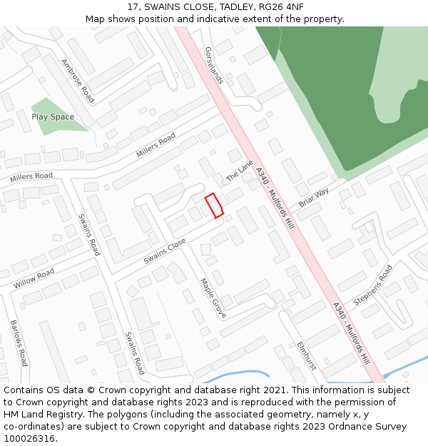 17, SWAINS CLOSE, TADLEY, RG26 4NF: Location map and indicative extent of plot