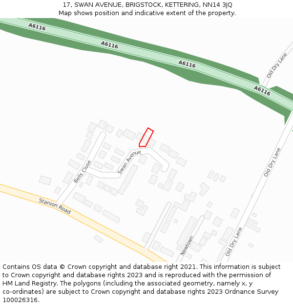 17, SWAN AVENUE, BRIGSTOCK, KETTERING, NN14 3JQ: Location map and indicative extent of plot