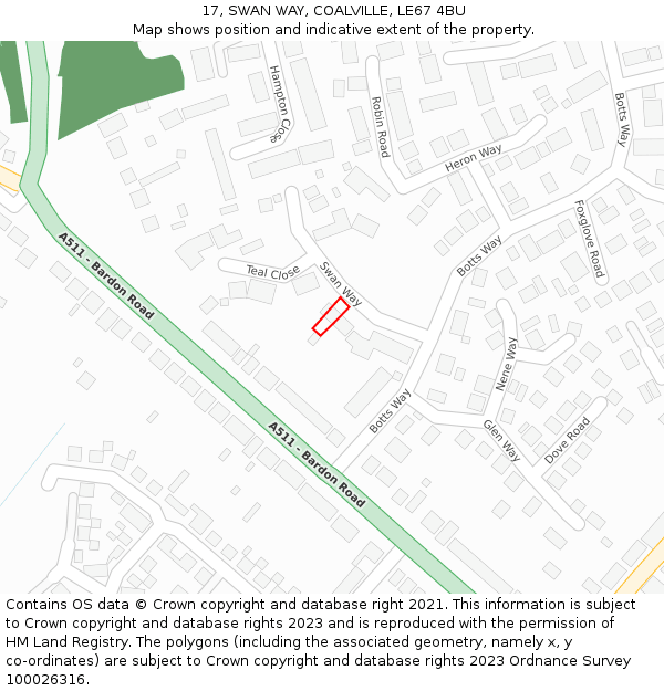17, SWAN WAY, COALVILLE, LE67 4BU: Location map and indicative extent of plot