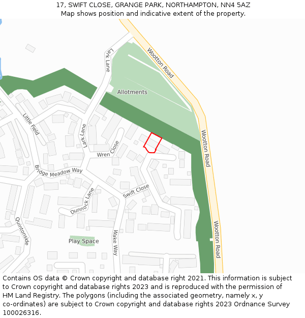 17, SWIFT CLOSE, GRANGE PARK, NORTHAMPTON, NN4 5AZ: Location map and indicative extent of plot