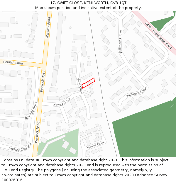 17, SWIFT CLOSE, KENILWORTH, CV8 1QT: Location map and indicative extent of plot