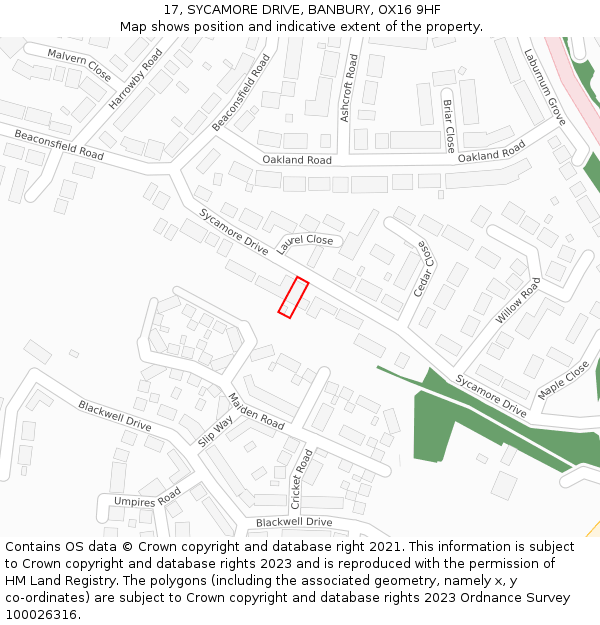 17, SYCAMORE DRIVE, BANBURY, OX16 9HF: Location map and indicative extent of plot