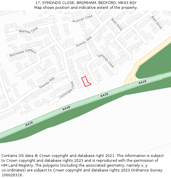 17, SYMONDS CLOSE, BROMHAM, BEDFORD, MK43 8QY: Location map and indicative extent of plot