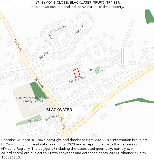 17, SYMONS CLOSE, BLACKWATER, TRURO, TR4 8ER: Location map and indicative extent of plot