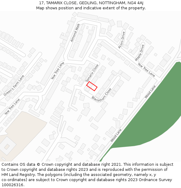 17, TAMARIX CLOSE, GEDLING, NOTTINGHAM, NG4 4AJ: Location map and indicative extent of plot