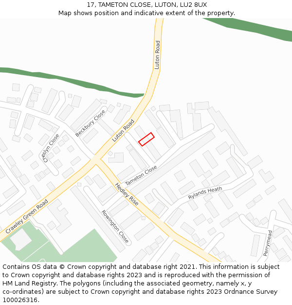 17, TAMETON CLOSE, LUTON, LU2 8UX: Location map and indicative extent of plot