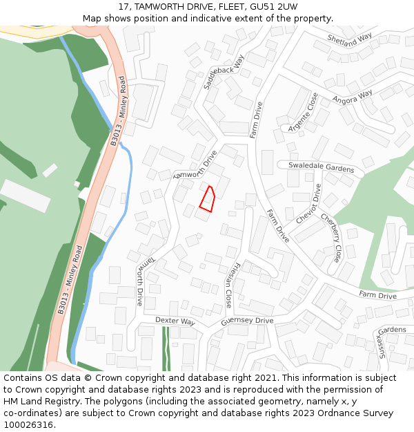 17, TAMWORTH DRIVE, FLEET, GU51 2UW: Location map and indicative extent of plot