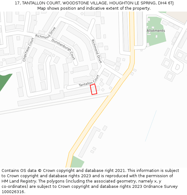 17, TANTALLON COURT, WOODSTONE VILLAGE, HOUGHTON LE SPRING, DH4 6TJ: Location map and indicative extent of plot