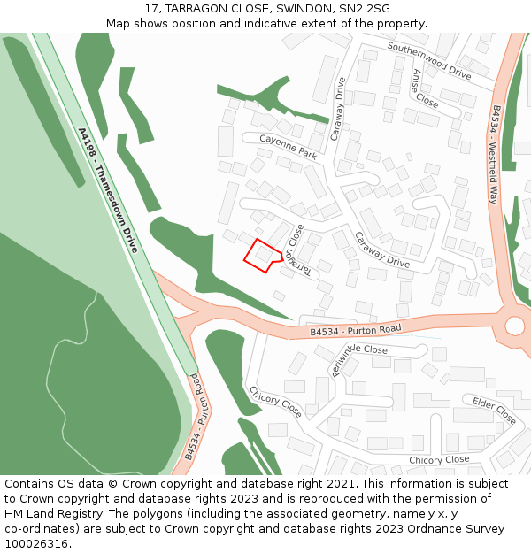 17, TARRAGON CLOSE, SWINDON, SN2 2SG: Location map and indicative extent of plot