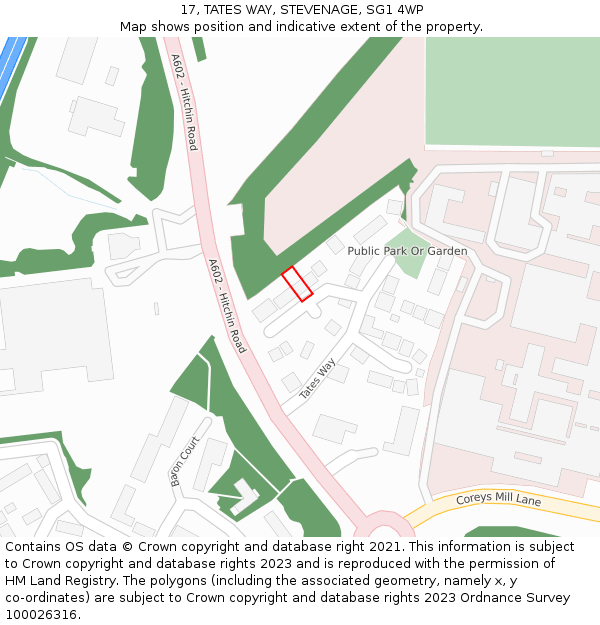 17, TATES WAY, STEVENAGE, SG1 4WP: Location map and indicative extent of plot