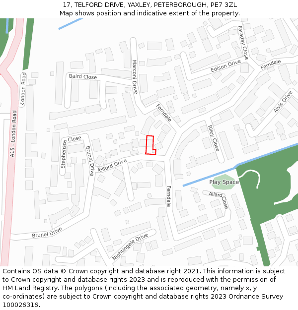 17, TELFORD DRIVE, YAXLEY, PETERBOROUGH, PE7 3ZL: Location map and indicative extent of plot