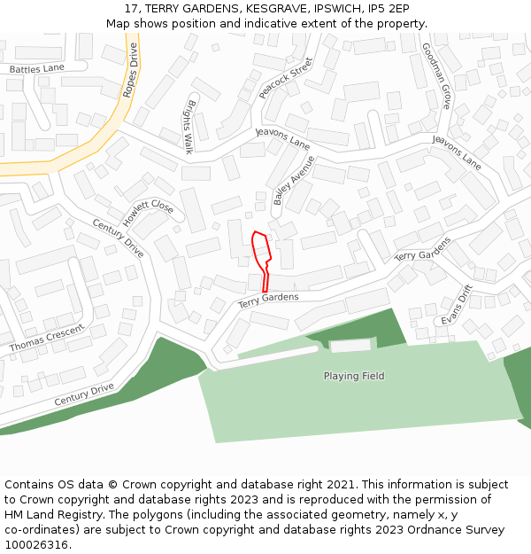 17, TERRY GARDENS, KESGRAVE, IPSWICH, IP5 2EP: Location map and indicative extent of plot