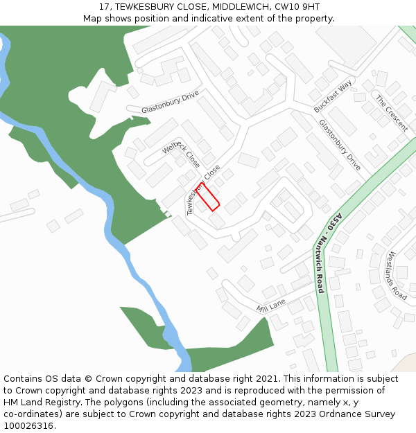 17, TEWKESBURY CLOSE, MIDDLEWICH, CW10 9HT: Location map and indicative extent of plot