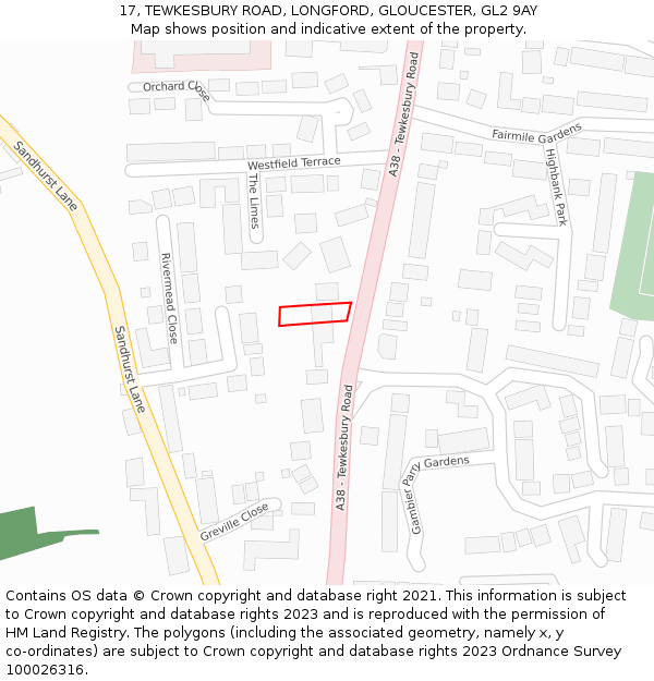 17, TEWKESBURY ROAD, LONGFORD, GLOUCESTER, GL2 9AY: Location map and indicative extent of plot